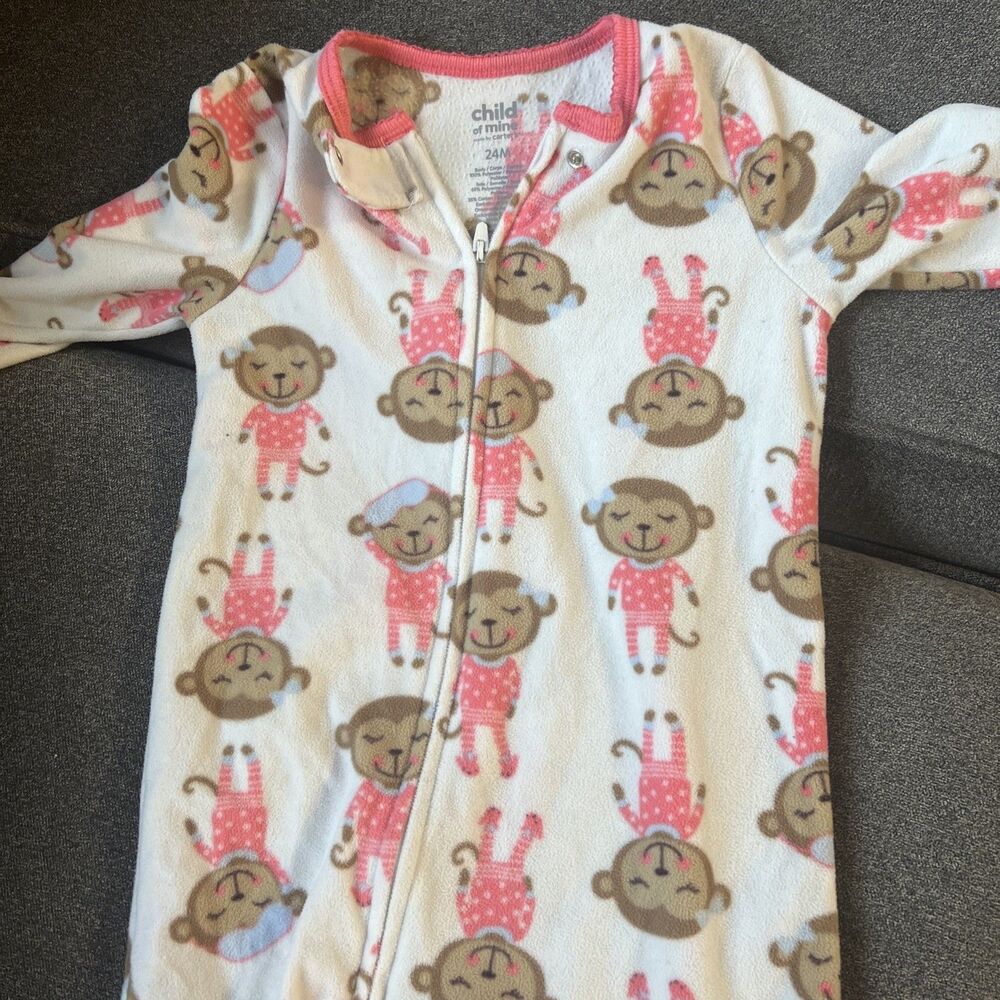 Carters Super Comfy Fleece 24 Months One Piece Pajamas White Pink Monkey Feet